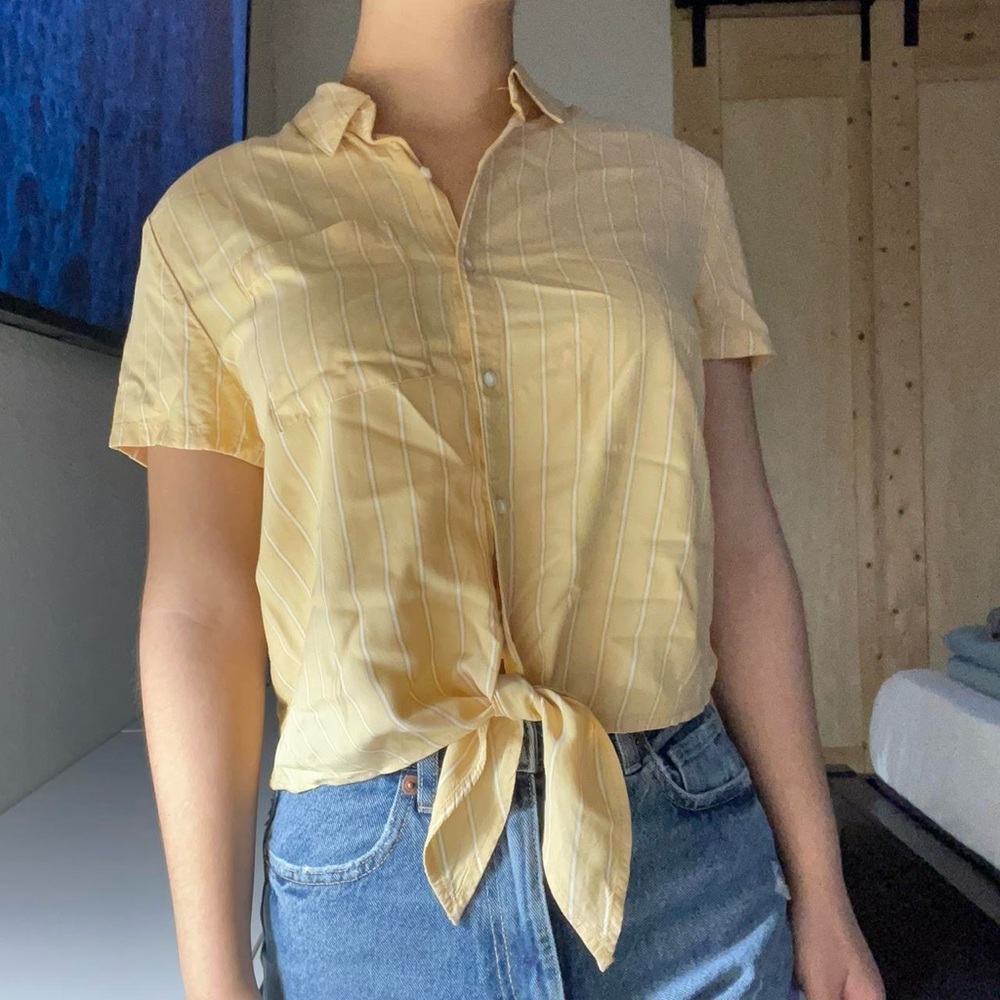 Arizona Cropped Tie Front Button Up Striped Shirt